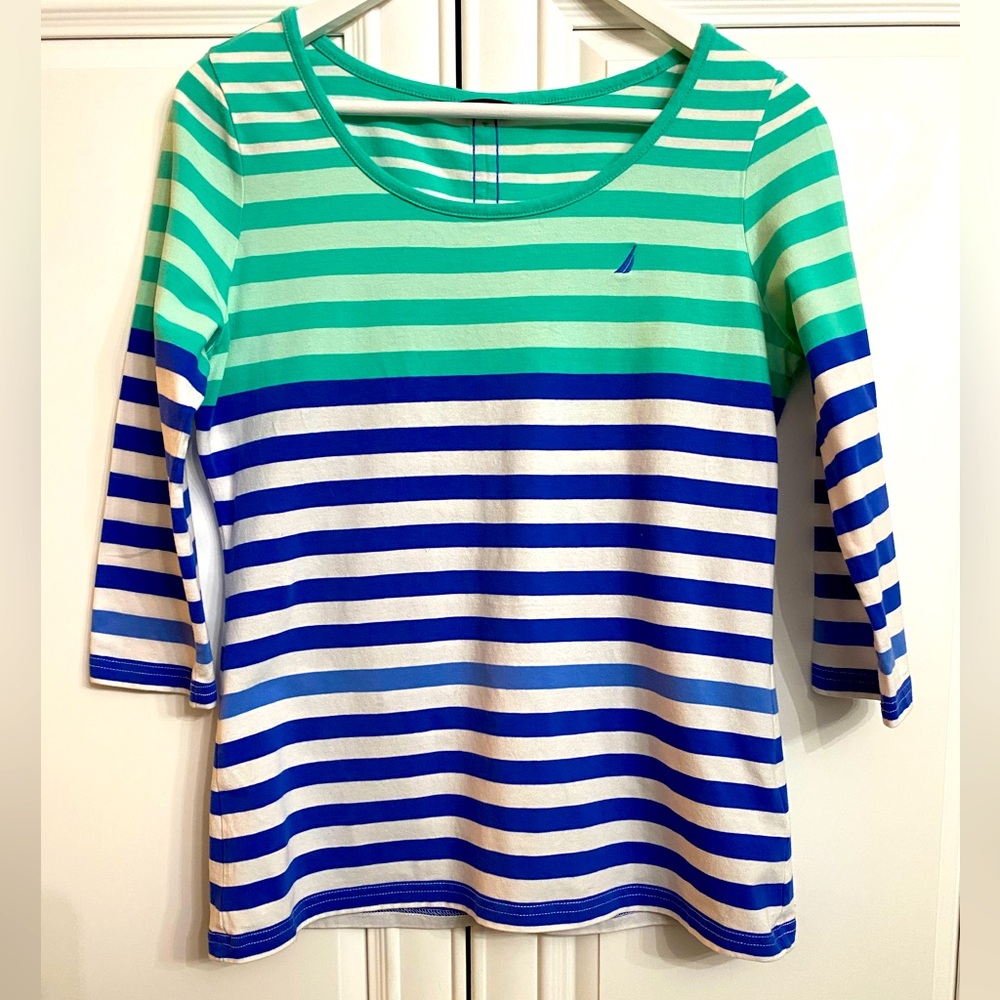 Nautica Women’s Sz Medium Green and Blue Striped Long Sleeve Tee with Scoop Neck